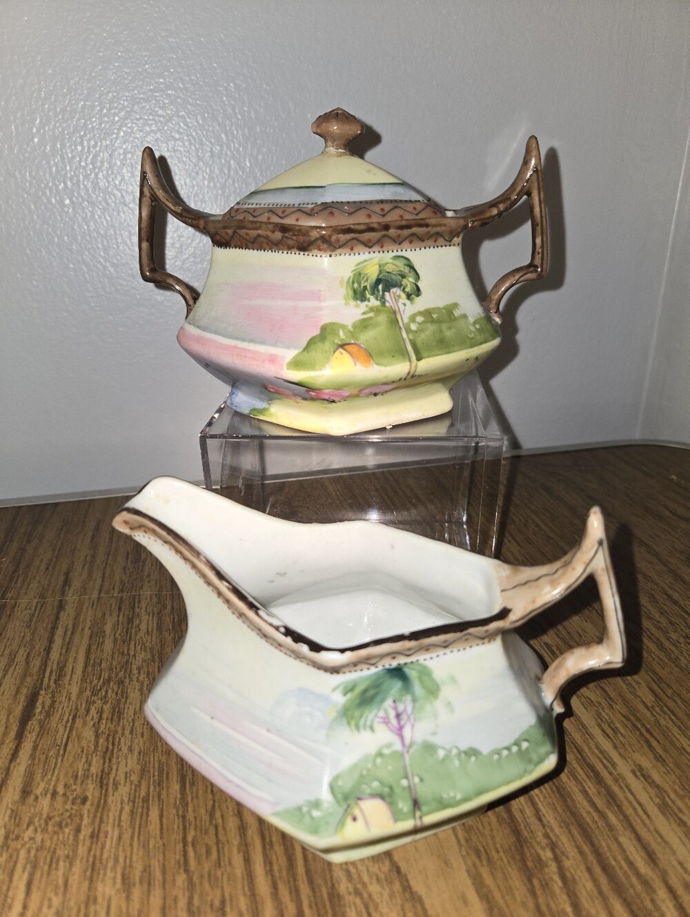 Antique Nippon Hand Painted Porcelain Cream and Sugar Set Art Deco Palm Tree Sun